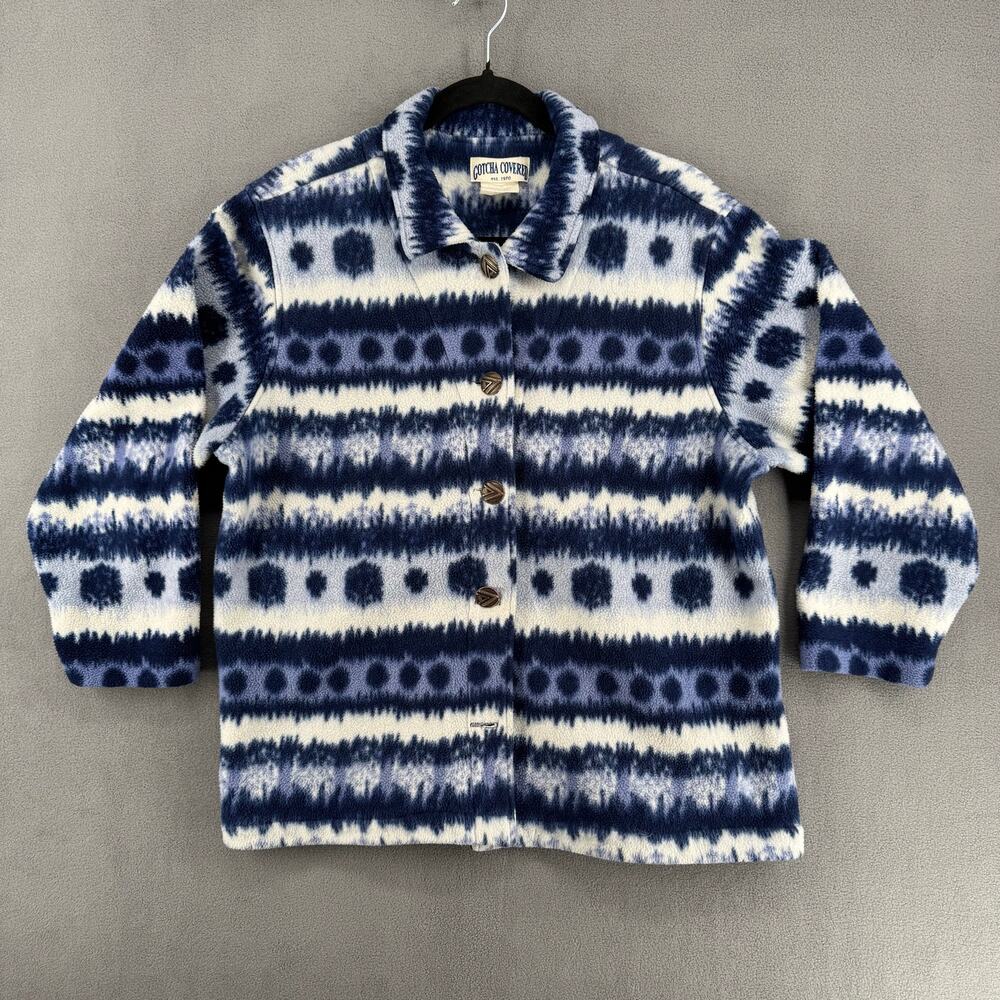 Vtg 90s Gotcha Covered Fleece Button Down Jacket Large Southwest Blue White